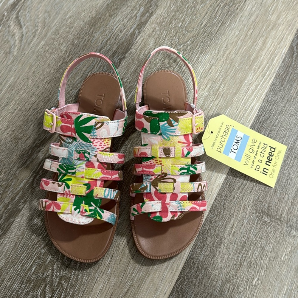 🆕 Toms Girls Huarache Pink Tropical Palms Sandals, Youth Size 4